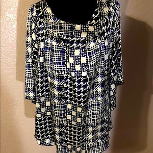 Pat Rego  Black/White/Blue Geo Print Top Size 2X